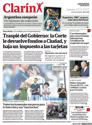 Clarín "Todos Los Homenajes Son Pocos Para La Selección Y Sus Muchachos" Diario Impreso Argentino Thursday Argentina Newspaper - All Sections (Spanish) (12/22/22)